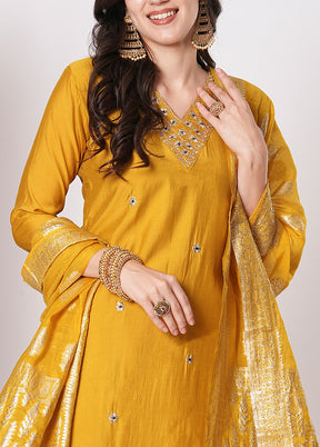 3 Pc Yellow Readymade Chanderi Dupatta Suit Set