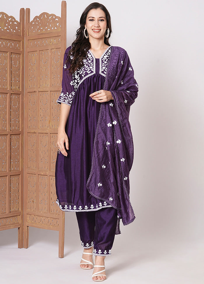 3 Pc Purple Readymade Silk Dupatta Suit Set