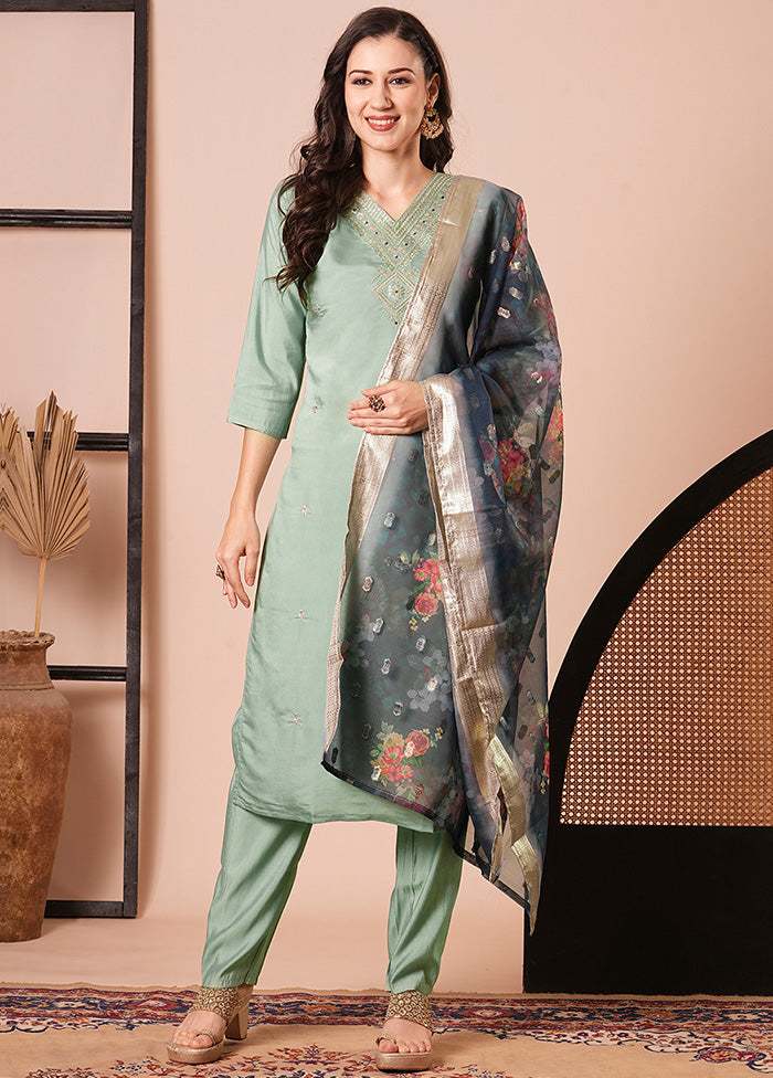 3 Pc Green Readymade Chanderi Dupatta Suit Set