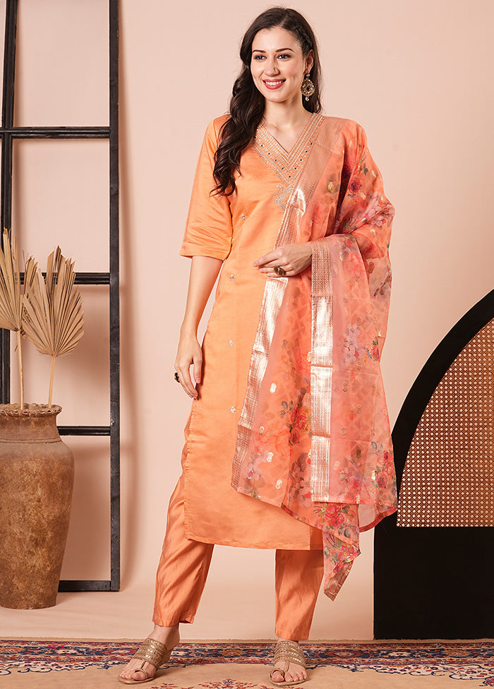 3 Pc Orange Readymade Chanderi Dupatta Suit Set