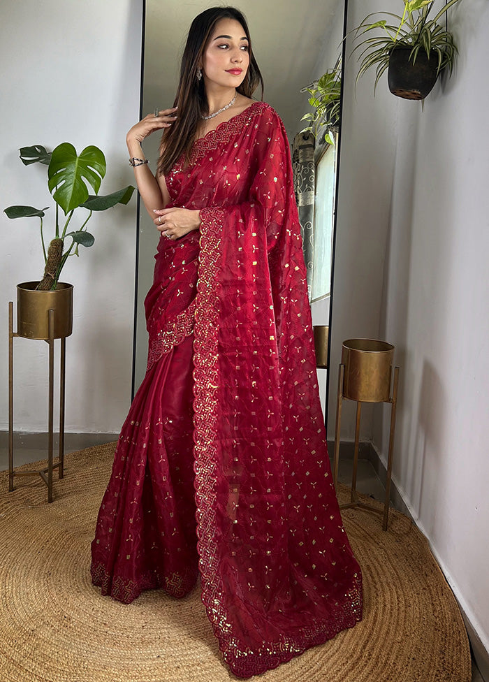 Maroon Spun Silk Saree With Blouse Piece