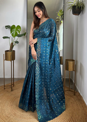 Teal Spun Silk Saree With Blouse Piece