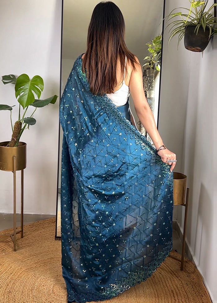 Teal Spun Silk Saree With Blouse Piece