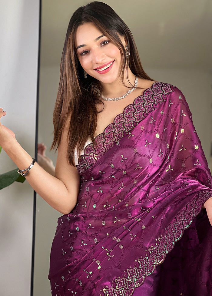 Wine Spun Silk Saree With Blouse Piece