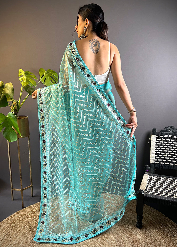 Blue Net Net Saree With Blouse Piece