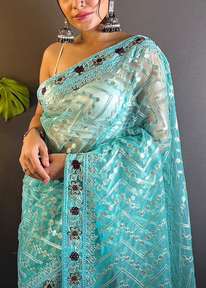 Blue Net Net Saree With Blouse Piece