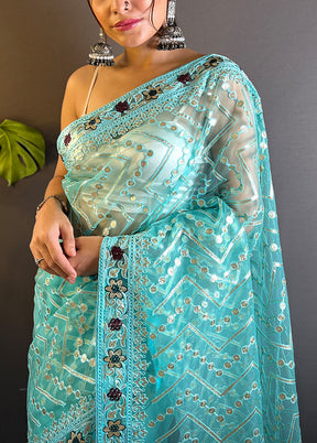 Blue Net Net Saree With Blouse Piece