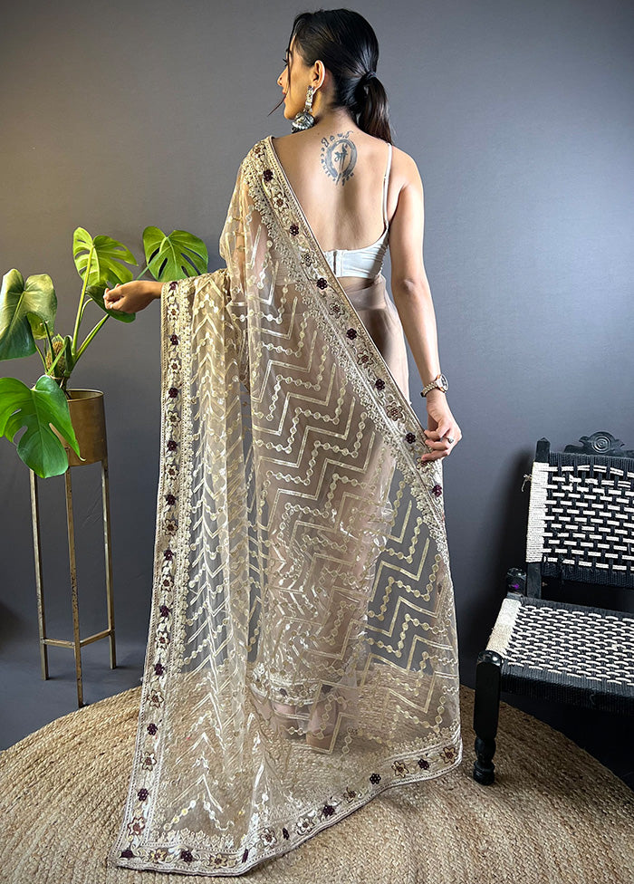 Beige Net Net Saree With Blouse Piece