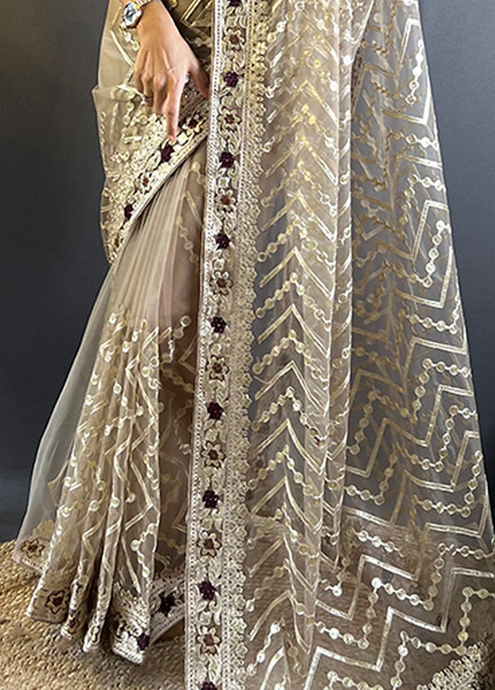 Beige Net Net Saree With Blouse Piece