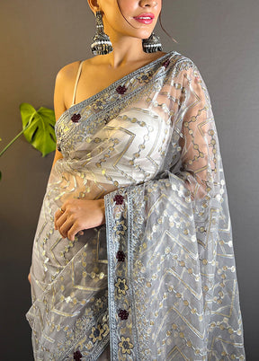 Grey Net Net Saree With Blouse Piece