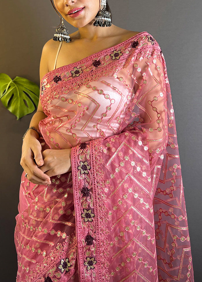 Pink Net Net Saree With Blouse Piece