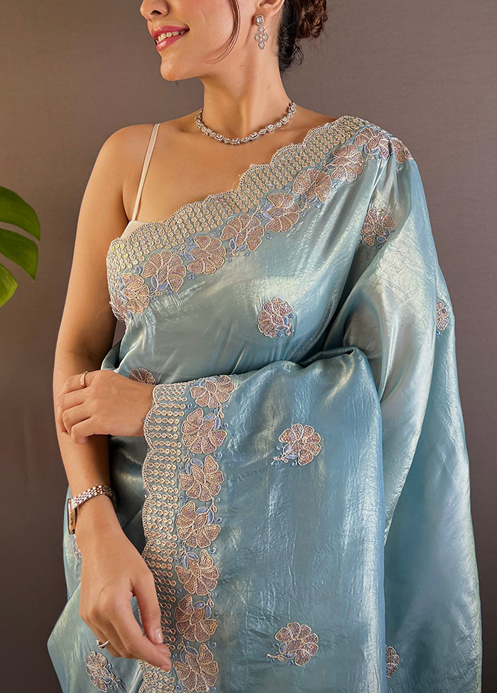 Blue Spun Silk Saree With Blouse Piece