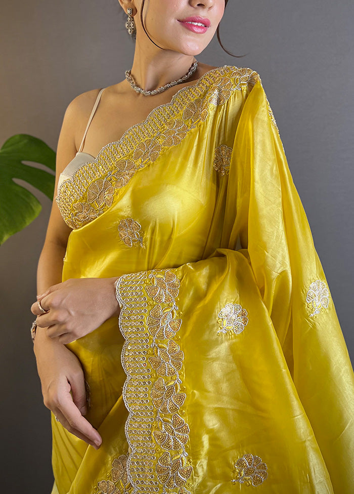 Yellow Spun Silk Saree With Blouse Piece