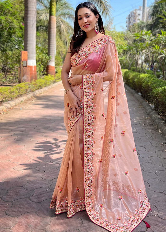 Peach Spun Silk Saree With Blouse Piece