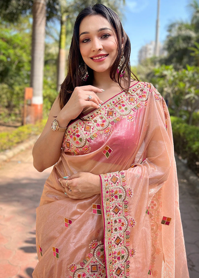 Peach Spun Silk Saree With Blouse Piece