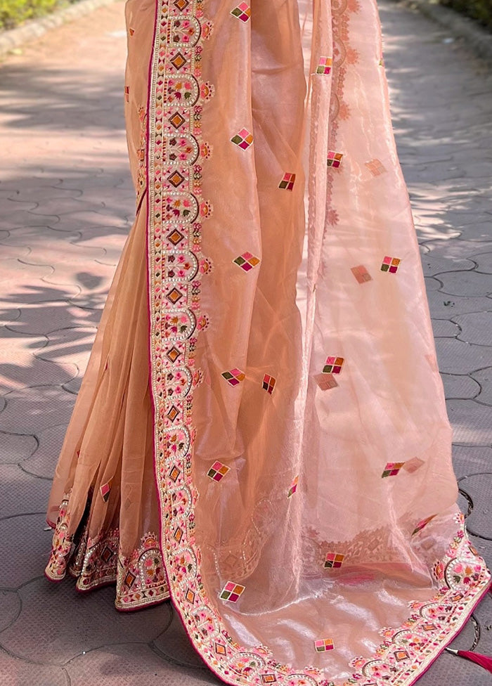 Peach Spun Silk Saree With Blouse Piece