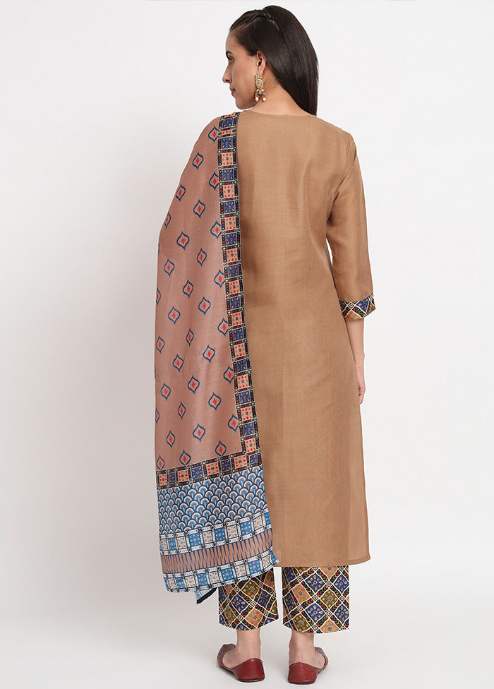 3 Pc Brown Readymade Cotton Dupatta Suit Set