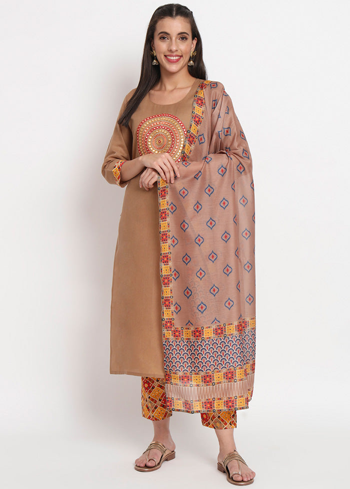 3 Pc Brown Readymade Cotton Dupatta Suit Set