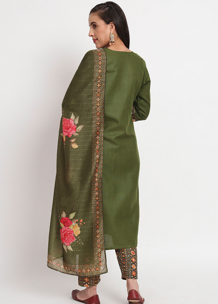 3 Pc Green Readymade Cotton Dupatta Suit Set