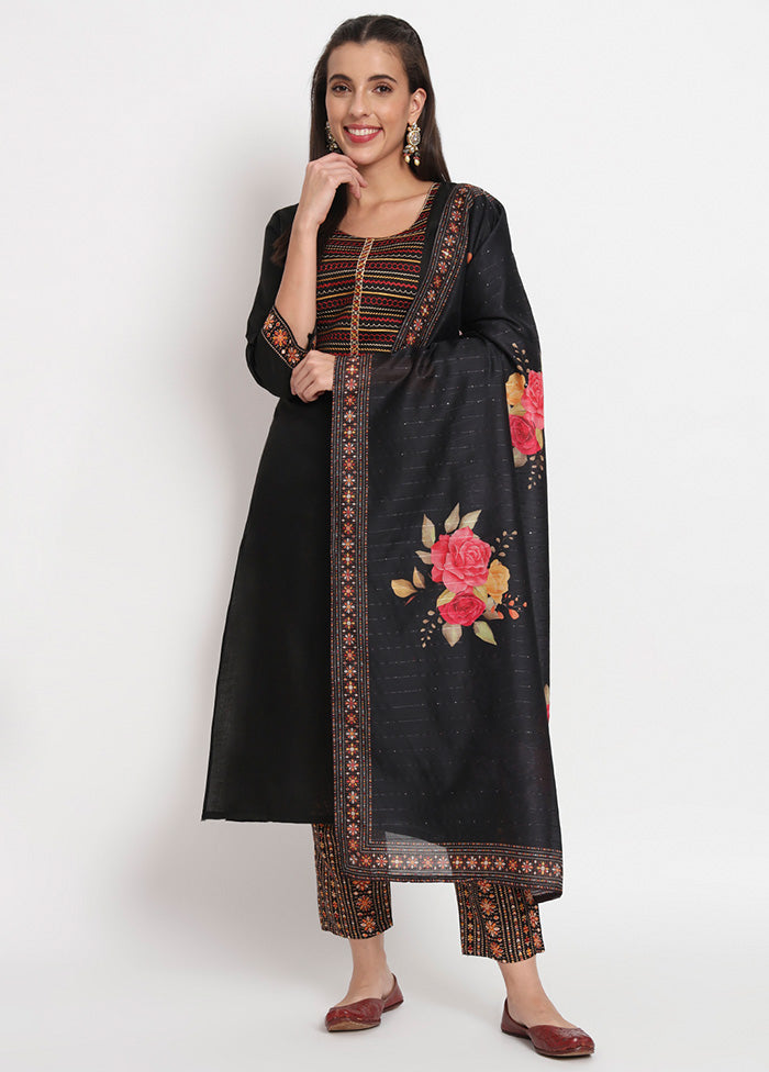 3 Pc Black Readymade Cotton Dupatta Suit Set