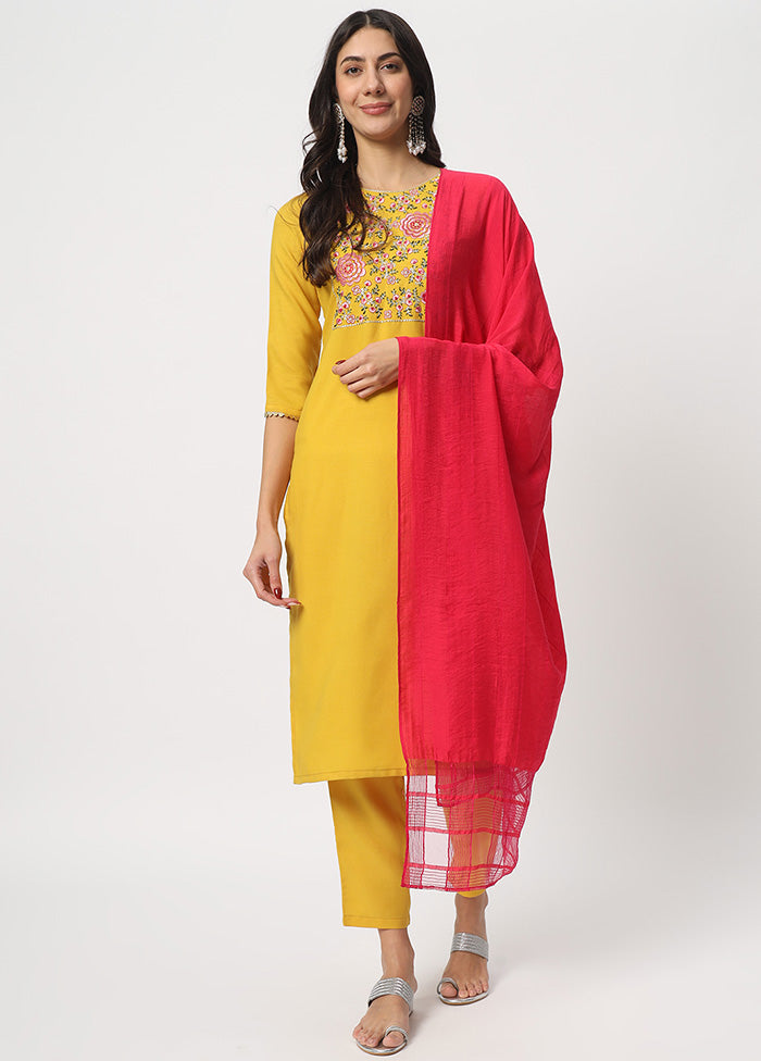 3 Pc Yellow Readymade Cotton Dupatta Suit Set