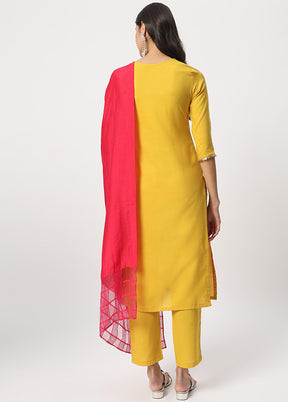 3 Pc Yellow Readymade Cotton Dupatta Suit Set