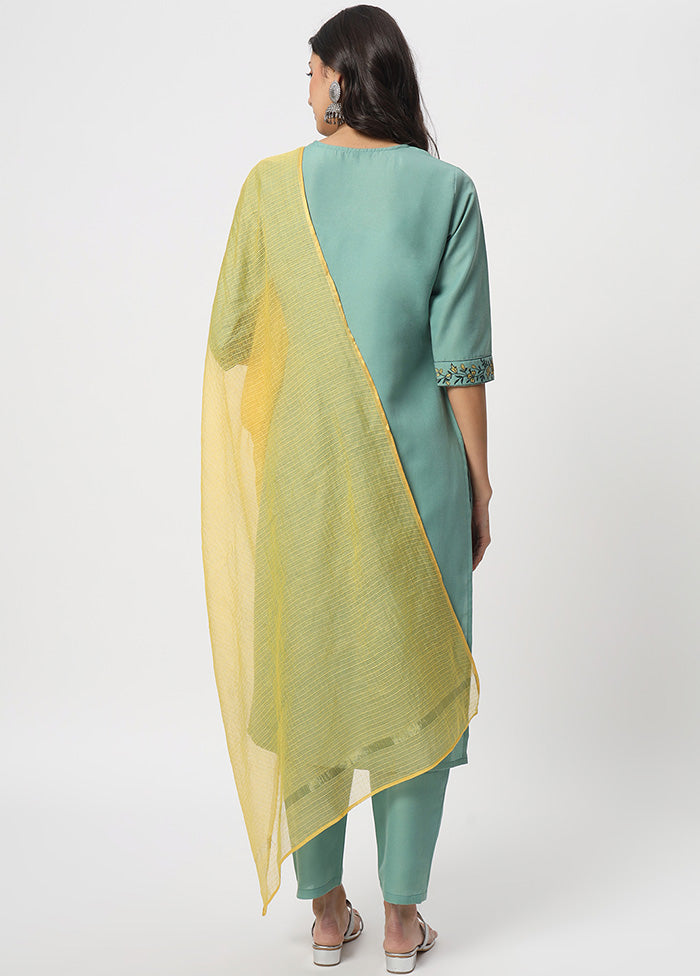 3 Pc Sea Green Readymade Cotton Dupatta Suit Set