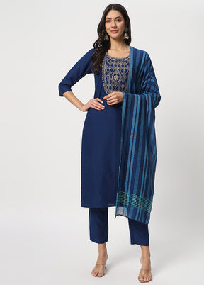 3 Pc Blue Readymade Cotton Dupatta Suit Set