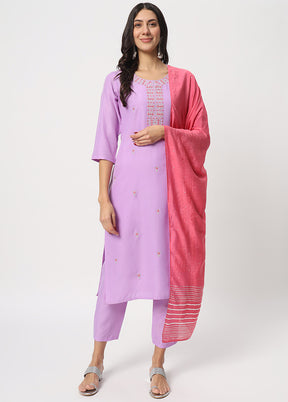 3 Pc Lavender Readymade Cotton Dupatta Suit Set