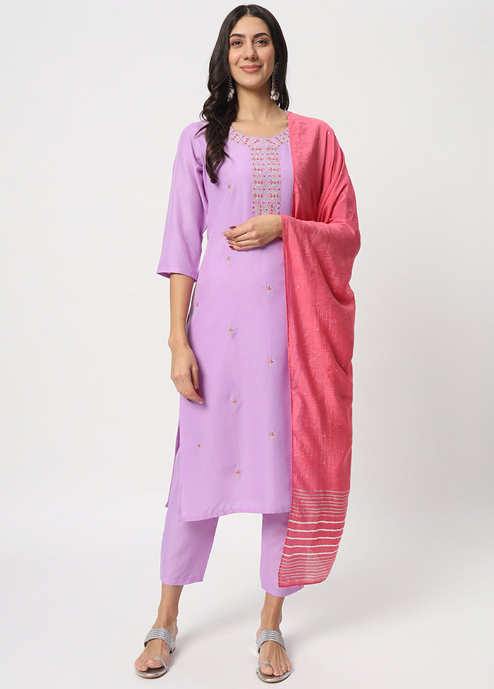 3 Pc Lavender Readymade Cotton Dupatta Suit Set