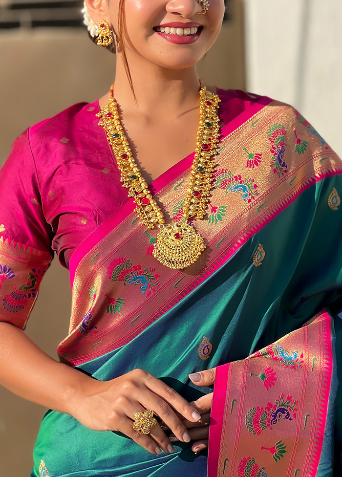 Teal Blue Spun Silk Saree With Blouse Piece