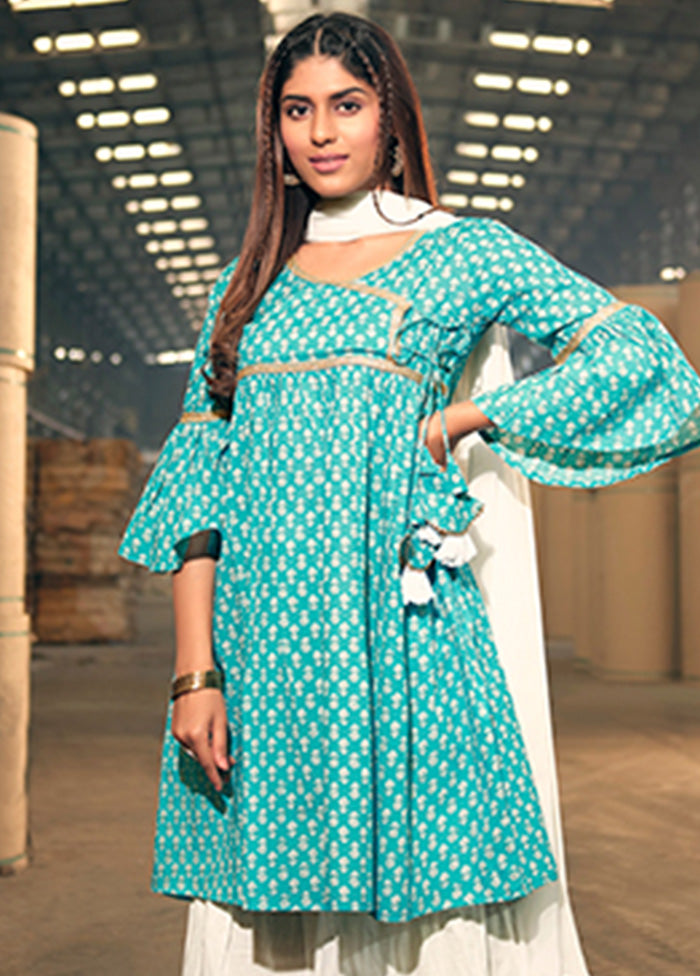 3 Pc Sea Green Readymade Cotton Dupatta Suit Set