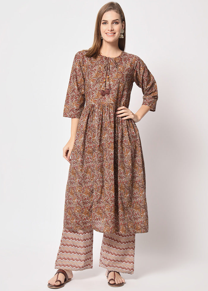 2 Pc Brown Readymade Cotton Kurti Set