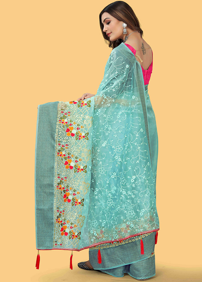 Blue Organza Saree With Blouse Piece