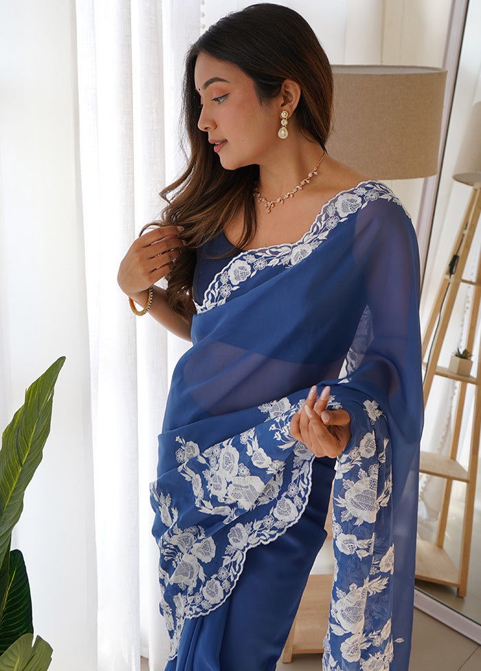 Blue Organza Saree With Blouse Piece