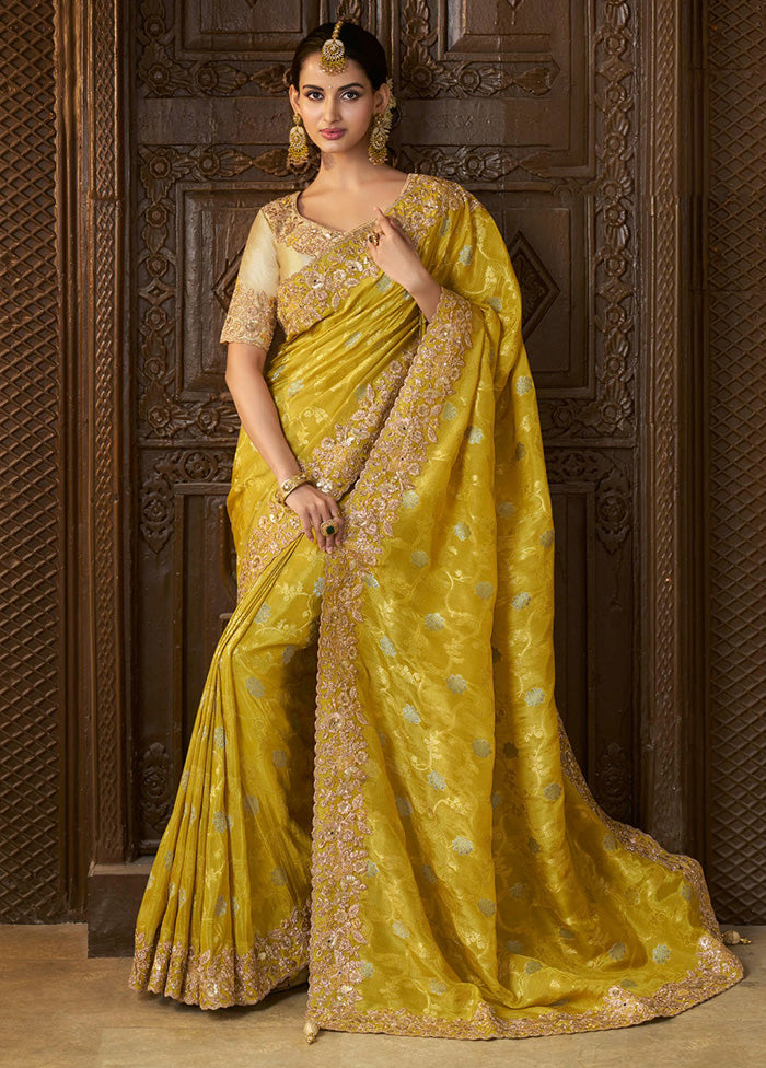 Yellow Spun Silk Saree With Blouse Piece