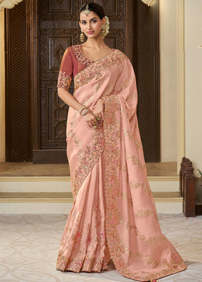 Peach Spun Pure Silk Saree With Blouse Piece