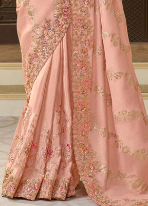 Peach Spun Pure Silk Saree With Blouse Piece