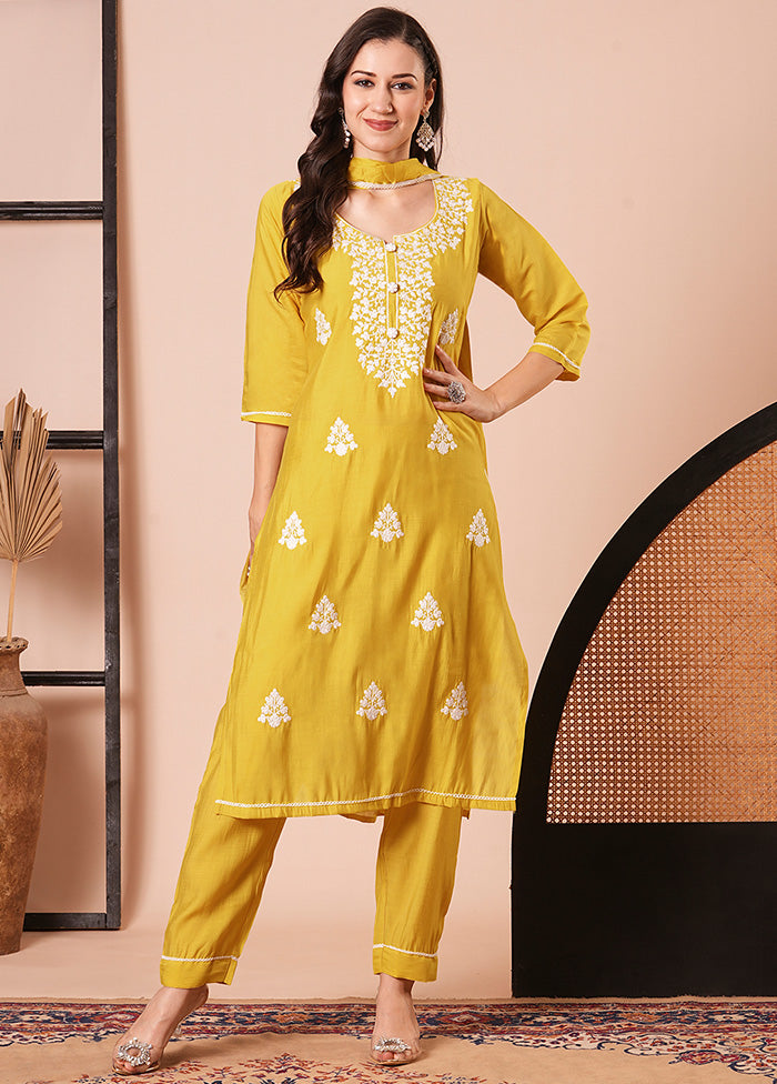 3 Pc Yellow Readymade Viscose Dupatta Suit Set