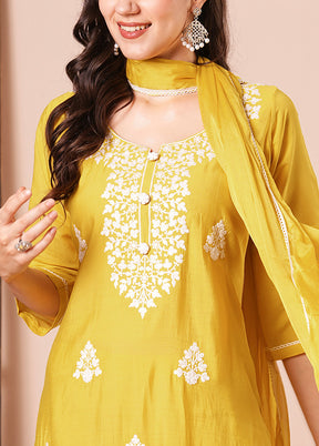 3 Pc Yellow Readymade Viscose Dupatta Suit Set