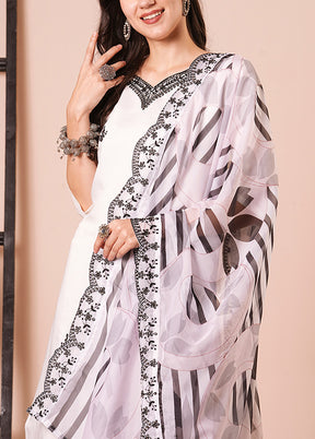 3 Pc White Readymade Chanderi Dupatta Suit Set