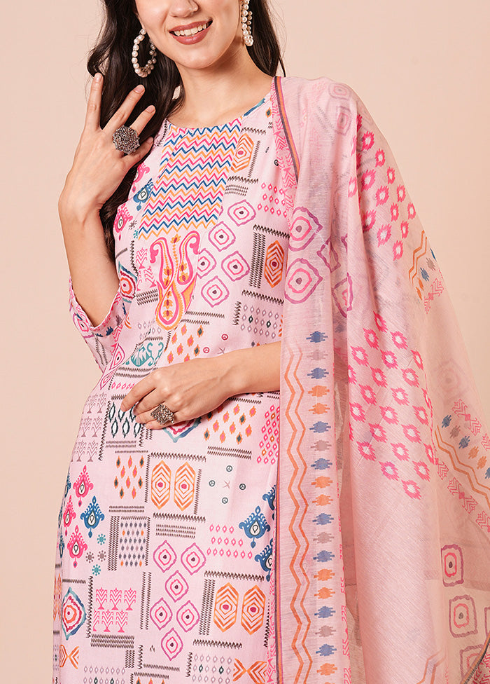 3 Pc Pink Readymade Cotton Dupatta Suit Set