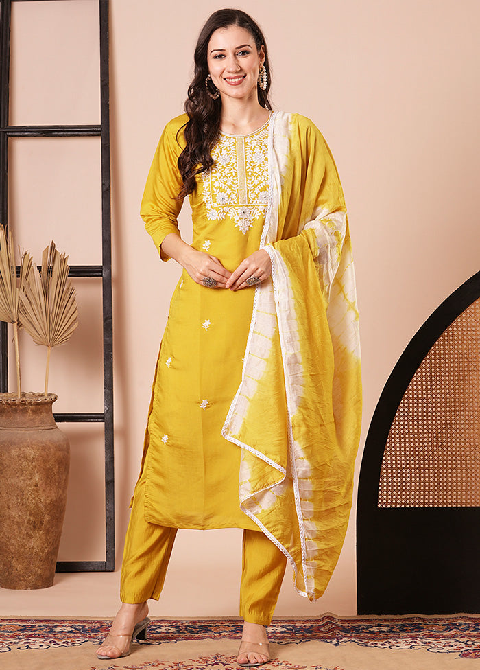 3 Pc Mustard Readymade Chanderi Dupatta Suit Set