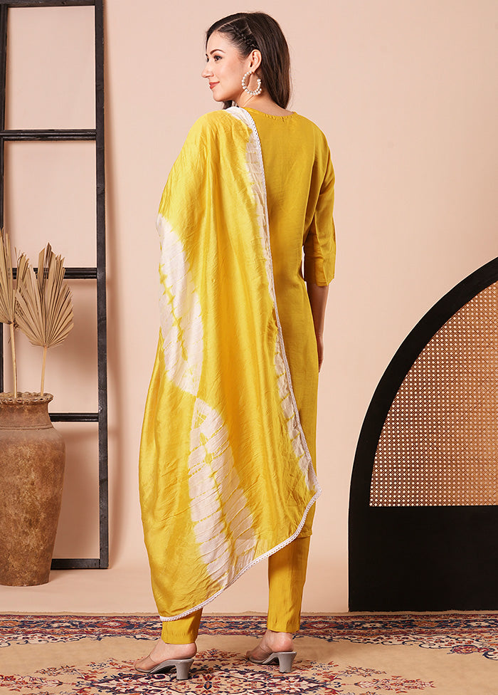 3 Pc Mustard Readymade Chanderi Dupatta Suit Set