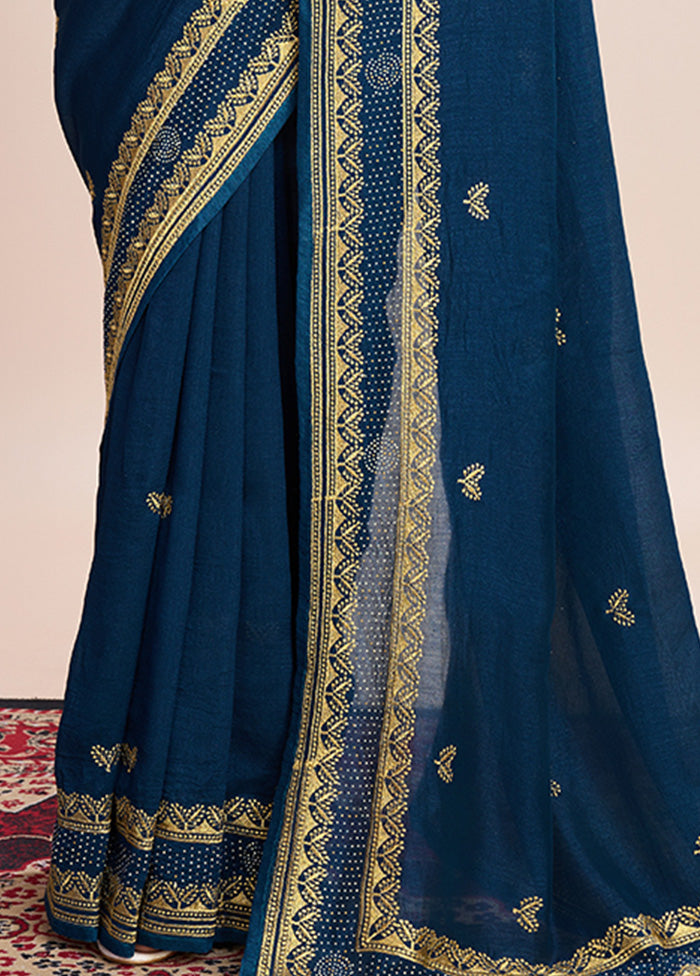 Teal Blue Spun Silk Saree With Blouse Piece