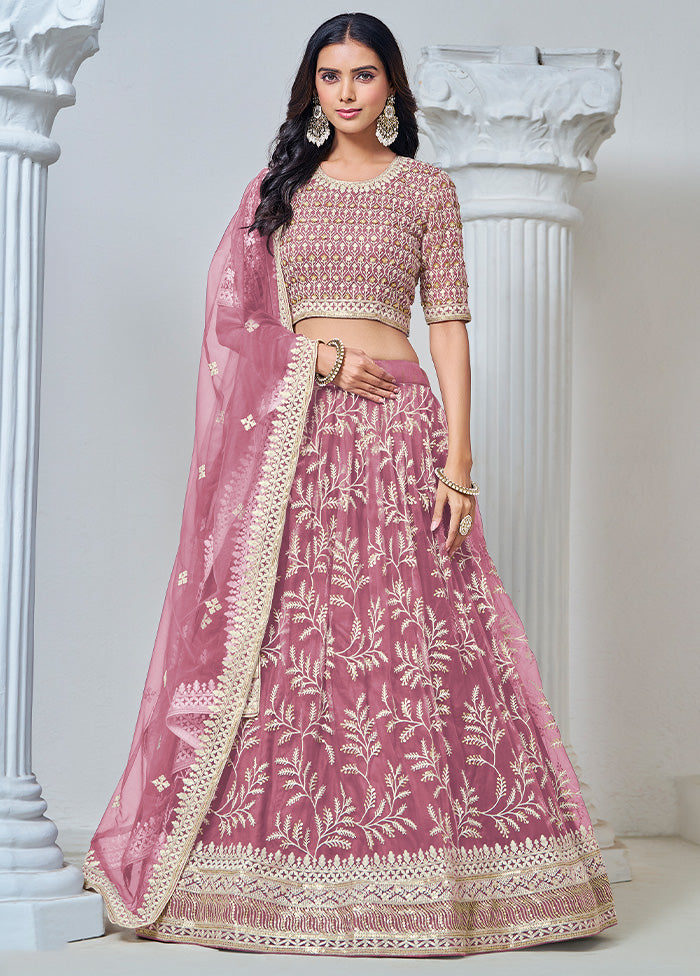 3 Pc Pink Net Semi Stitched Lehenga Set