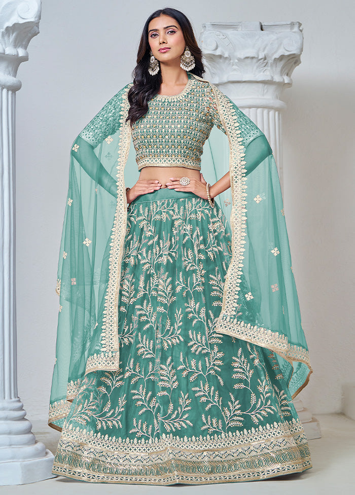 3 Pc Green Net Semi Stitched Lehenga Set