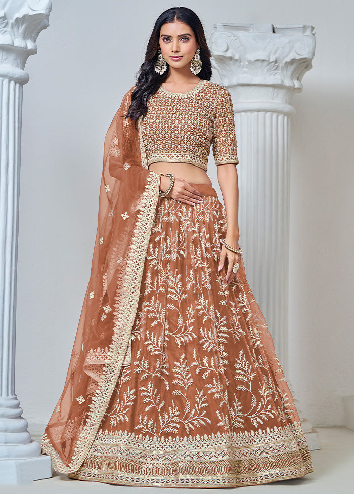 3 Pc Brown Net Semi Stitched Lehenga Set