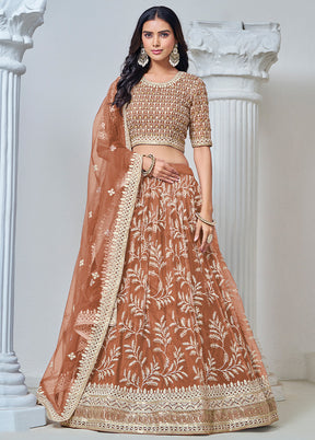 3 Pc Brown Net Semi Stitched Lehenga Set