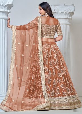 3 Pc Brown Net Semi Stitched Lehenga Set